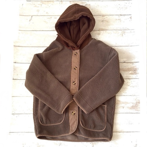 H&M Womens M Brown Fleece Sweater Coat Button Hooded Jacket Faux Sherpa Medium - Picture 1 of 3